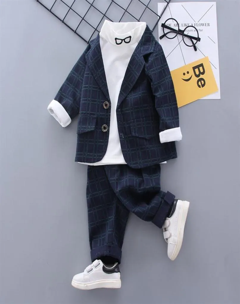 Spring Children Suit Sets Boys Plaid Jackets Pants Tshirts 3pcs Clothing Sets Baby Kids Party Birthday Costume197j5468356