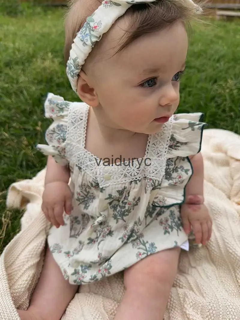 Rompers MILANCEL New Summer Baby Toddler Sweet Green Floral Jumpsuit with Hairband Infant Outwear H240508