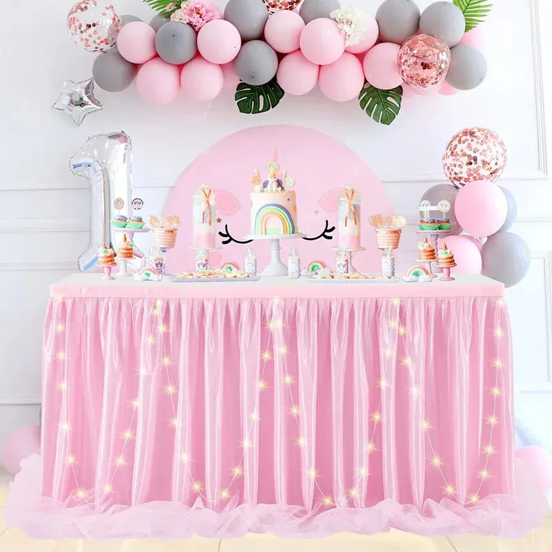 4ft rosa bordkjol med LED -ljus tutu tyll bordsartyg bröllop baby shower födelsedag jul 2024 festdekor 240112