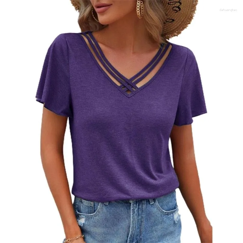 T-shirt da donna Camicia da donna con scollo a V Tinta unita Maniche con volant Ragazza Top con spalline incrociate