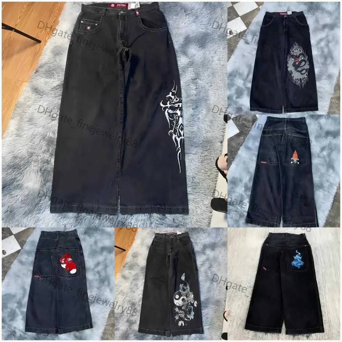 24ss Мужские джинсы JNCO Уличная одежда Y2K Хип-хоп с графикой Большие мешковатые черные брюки Harajuku Повседневные готические широкие брюки