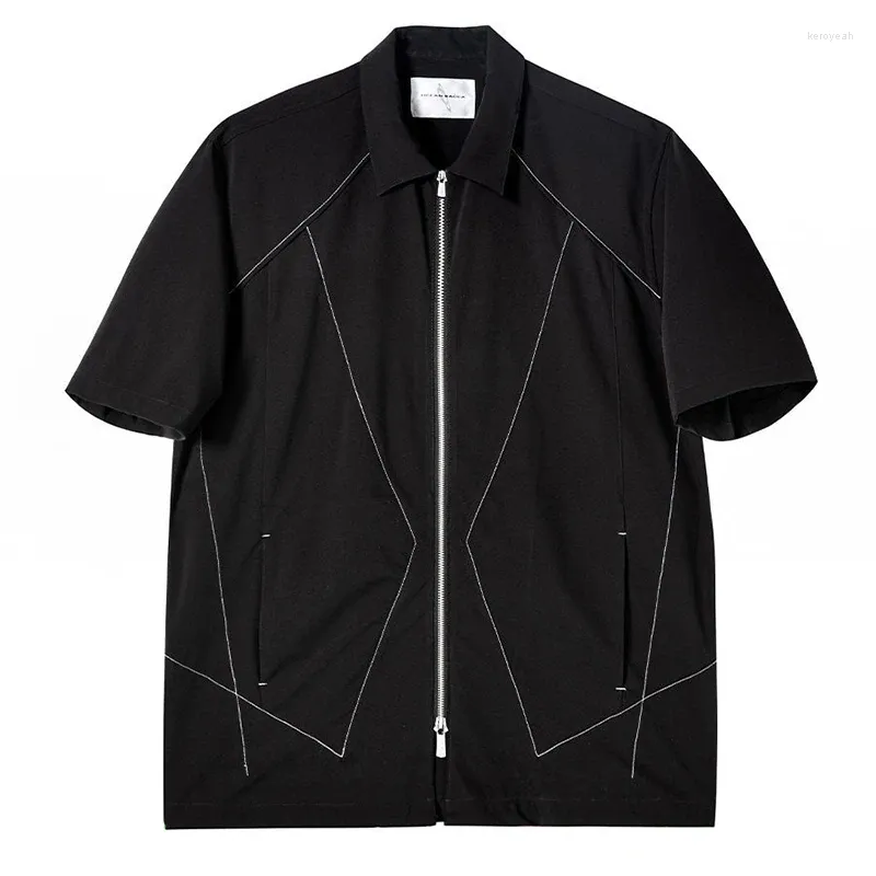 T-shirts pour hommes Street Fashion Black Hommes Polo à manches courtes Summer Outillage Bright Line Décoration Métal Zipper Hip Hop Punk Vêtements