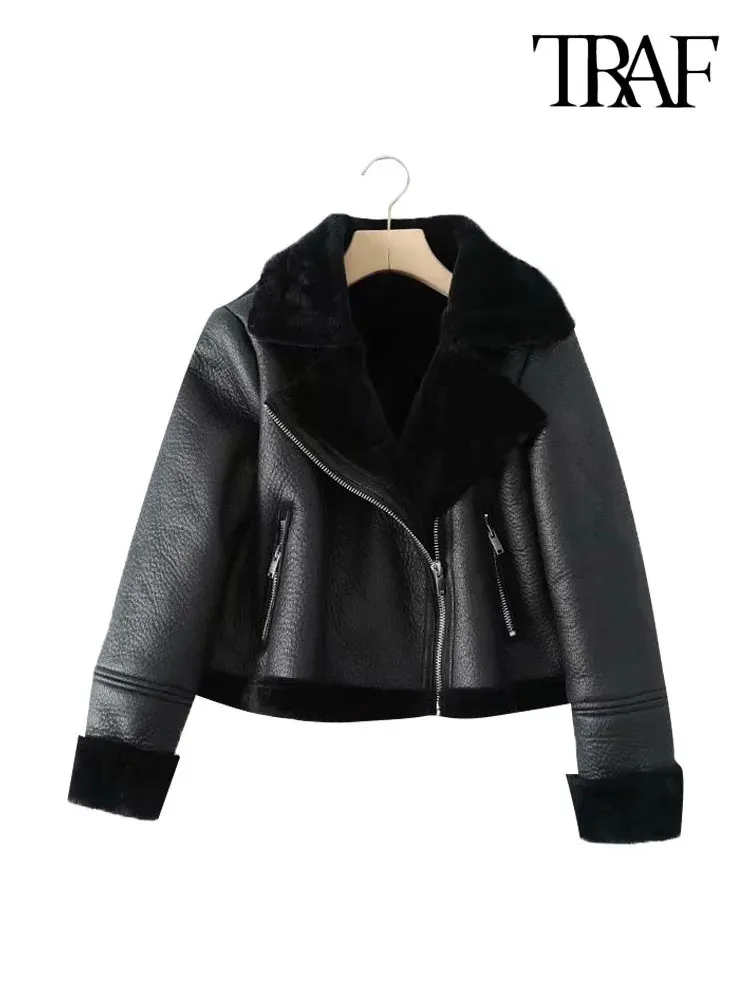 TRAF femmes mode épais chaud hiver fourrure Faux cuir recadrée veste manteau Vintage à manches longues vêtements de dessus pour femmes Chic hauts 240112