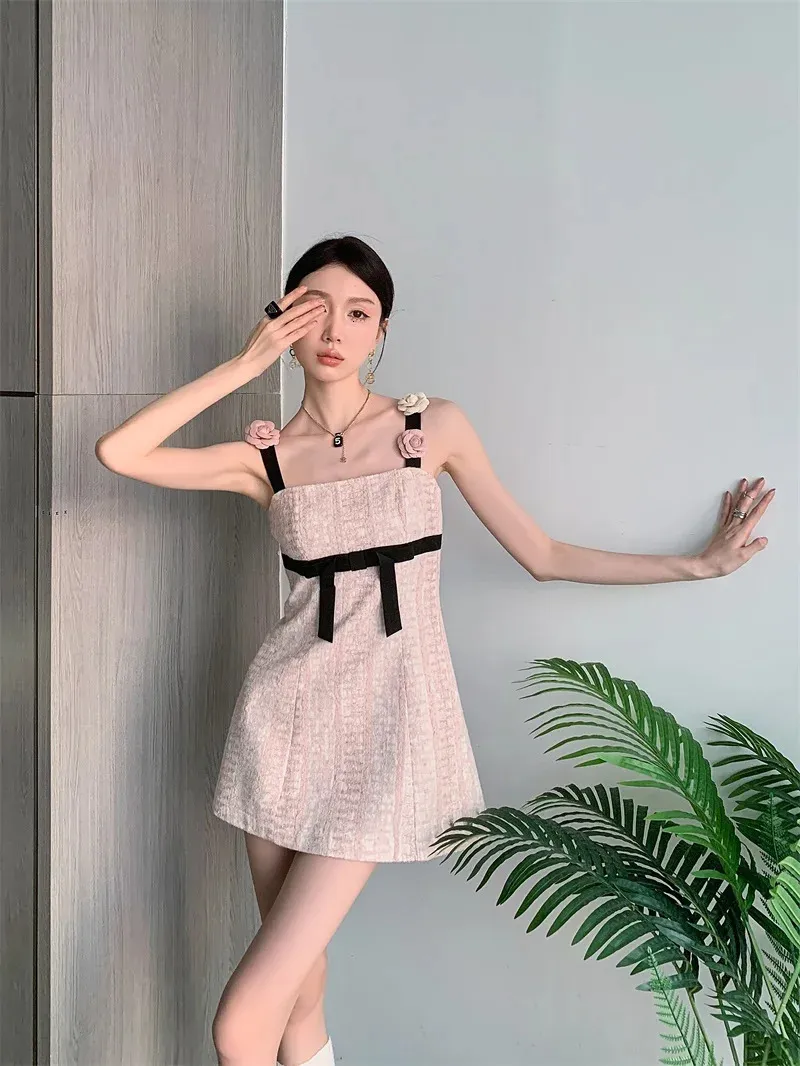 Elegant vintage 3D Flowers Tweed Sling Women Korean Sweet Sleeveless Sexig Summer Dress Vestidos 240112