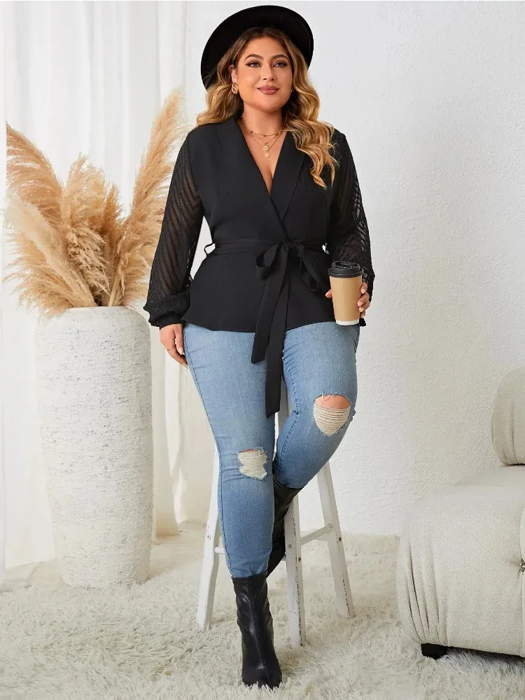 Plus Size Wrap V Neck LaceUp Women Blouse See Through Long Sleeves Top Solid Color Loose Casual Shirts Spring Elegant Tee 240112