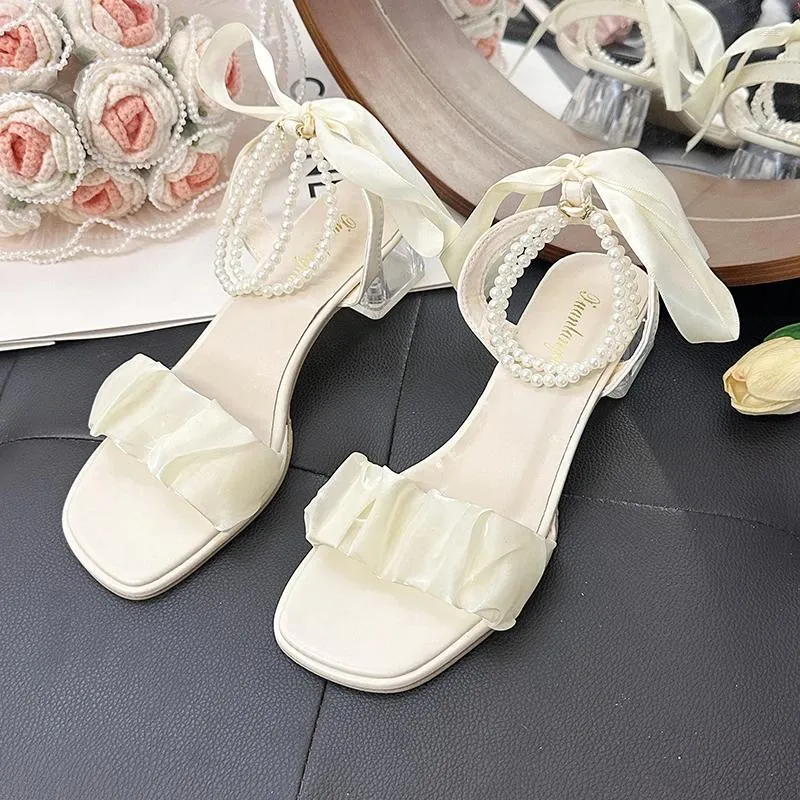 Sandales de style français d'été pour femmes, talon moyen, mode féerique, talons hauts épais avec jupe, petite taille 35-40, 2024