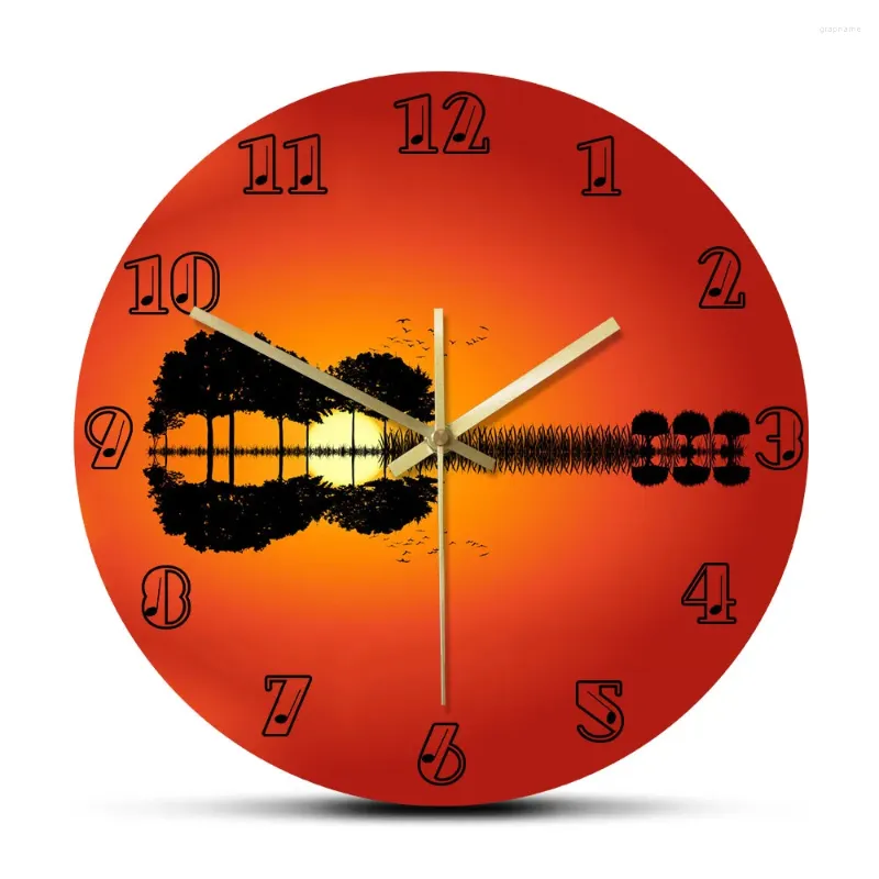 Wall Clocks Guitar Island Landscape At Sunset Artwork Decorative Clock Reflection Musical Home Decor Silent