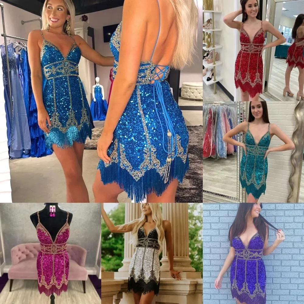 Dresses Mini Cocktail NYE Dress 2023 Red Purple Green Sequins Lady Formal Event Party Gown Sexy Tassel Club Night Graduation Hoco Gala Whi