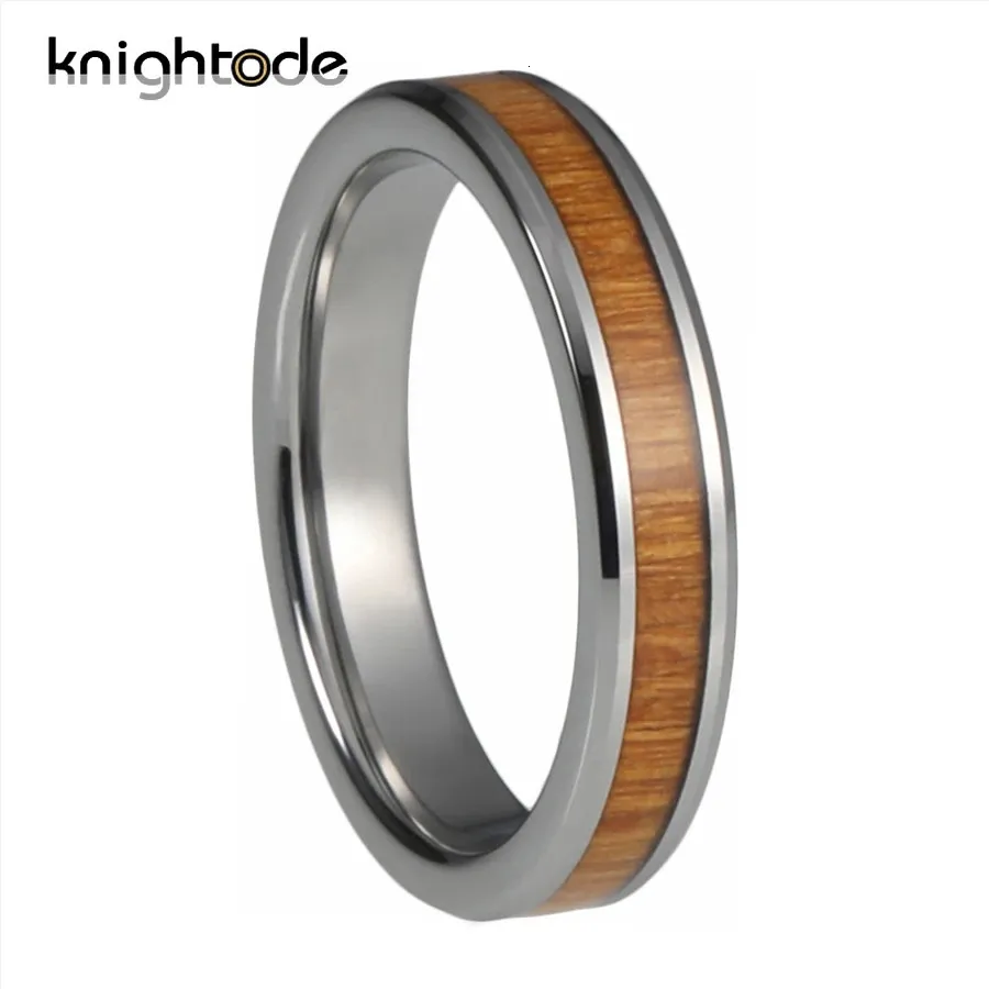 4mm anel de carboneto de tungstênio vintage koa madeira incrustação para mulheres homens casamento banda jóias presente bordas chanfradas alto polido conforto ajuste 240112