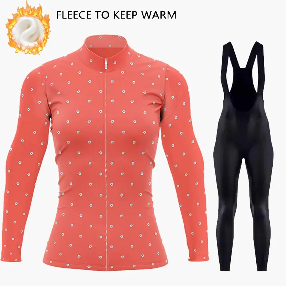 Winter Woman's Cycling Clothing 2024 Thermal Fleece Jersey Set Mountian Bike Clothes Longeple Suit 240112