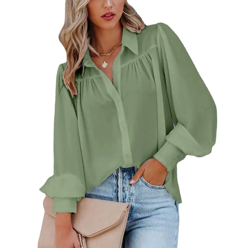 Blusa De Solapa De Manga Larga Para Mujeres: Color Sólido, Estilo