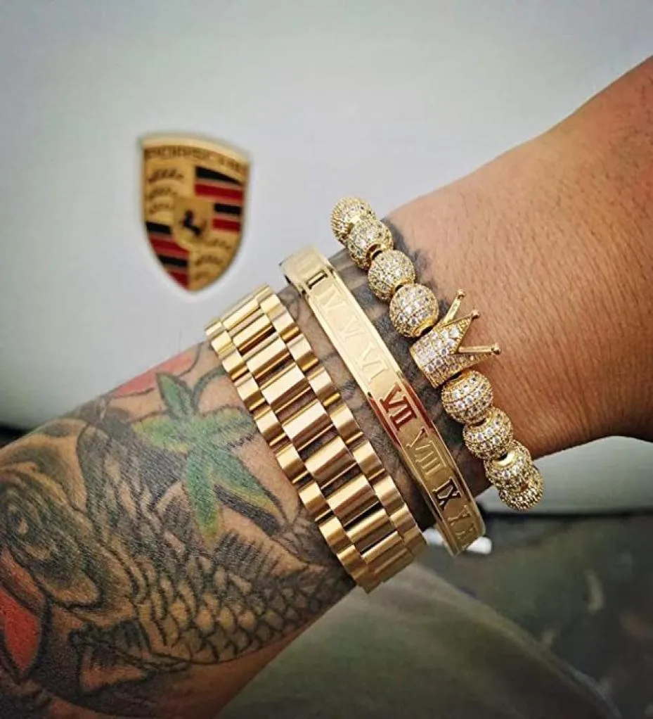 3pcsset couronne impériale roi hommes bracelet pavé CZ or bracelets pour hommes charme de luxe mode manchette bracelet anniversaire bijoux9950799