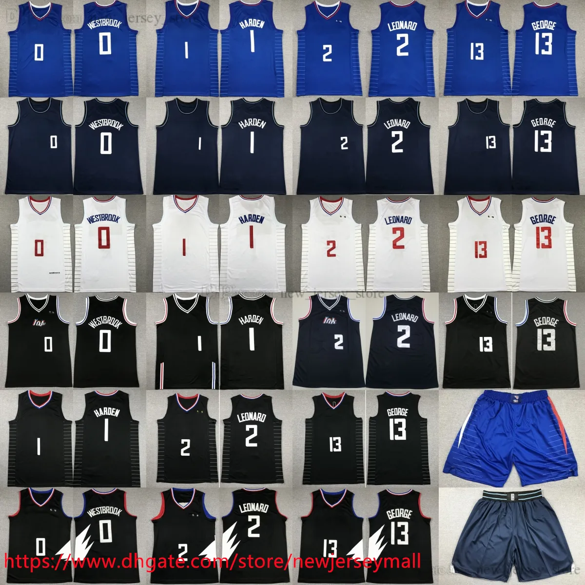 2 Kawhileonard Jersey 2024 New City Basketball 13 Paulgeorge 0westbrook Jamesharden 유니폼 반바지 스티치 블랙 흰색 파란색 통기성 스포츠 셔츠