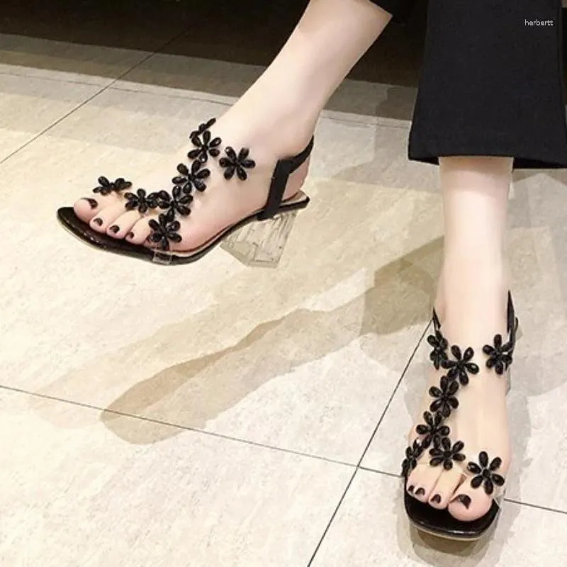 Sandales d'été à bout carré pour femmes, chaussures d'extérieur à fleurs solides, talons hauts transparents, à la mode, en vente, 2024