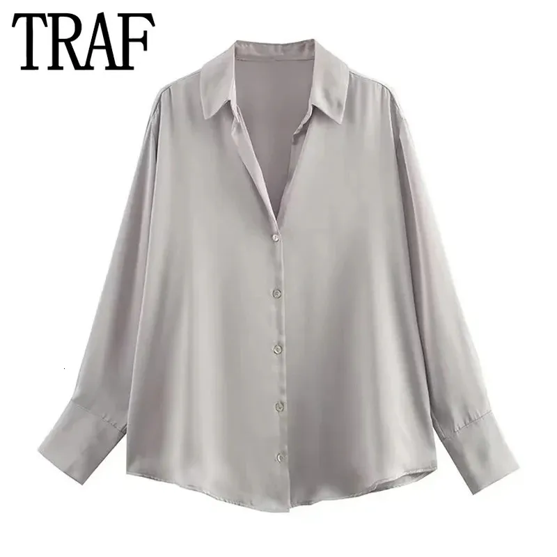 TRAF Vrouwen Shirts Satijn Zomerblouse Vrouwelijke Grijze Lange Mouw Top Vrouwen Losse Blouses Knop Omhoog Elegant Chic Vrouw Overhemd 240112