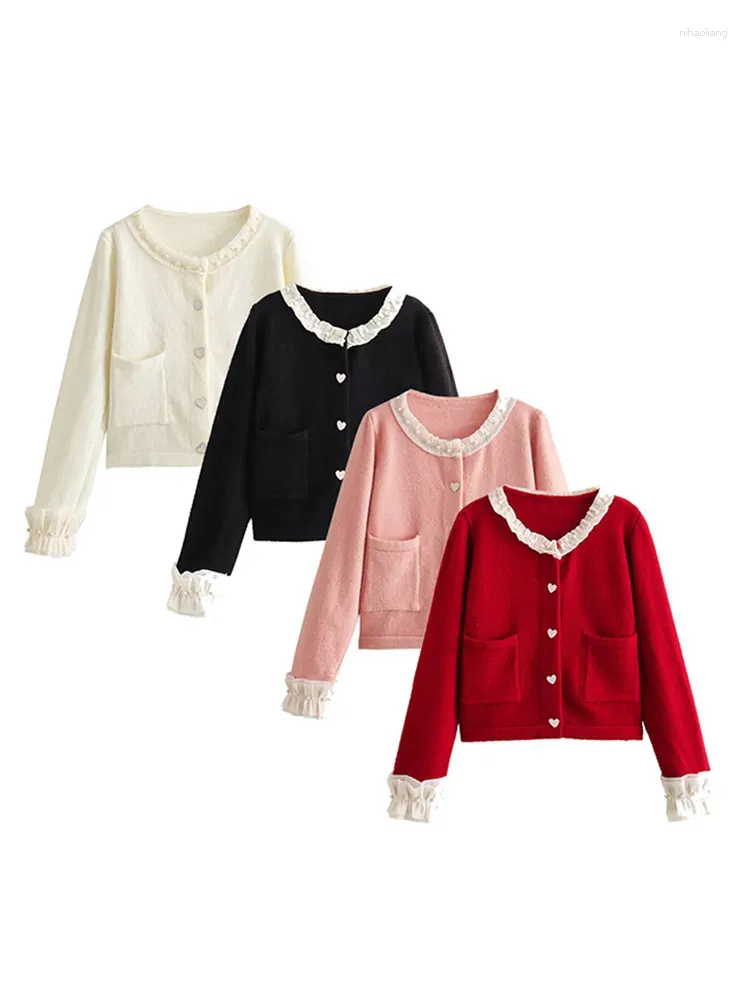 Tricots pour femmes Chic dentelle perle petit parfum tricoté pull Cardigan 2024 automne solide poches lâches manteaux femme vêtements de banlieue