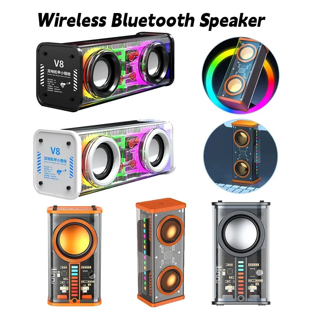 Lautsprecher V8/K07 Transparenter Mecha-Lautsprecher Subwoofer-Lautsprecher Buntes Licht 1800 mAh 10 W Hochleistungs-Wireless-Bluetooth 5.0-Lautsprecher