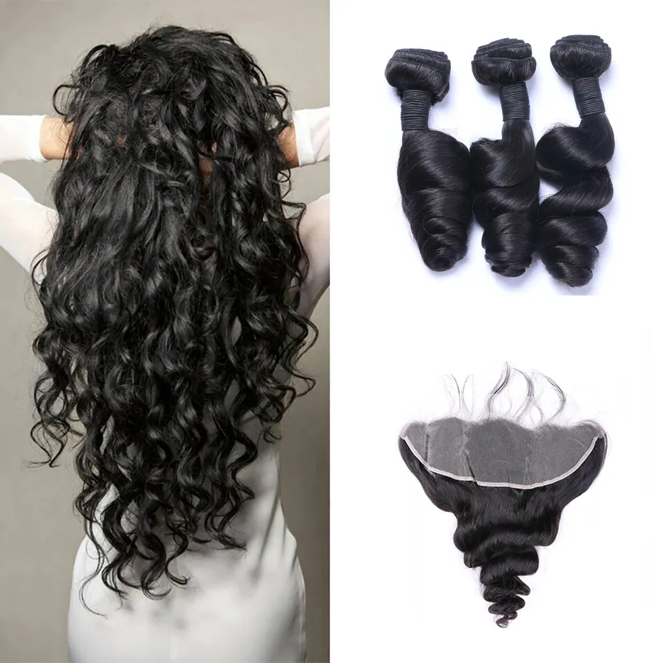 Brazilian Loose Wave Human Virgin Hair 3 Bundles with 13x4 Transparent Lace Frontal Ear to Ear Full Head Natural Color