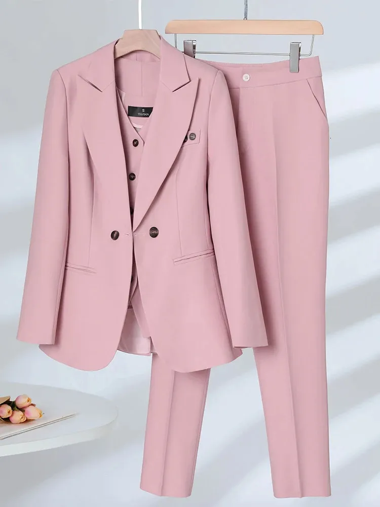 Moda donna 3 pezzi Set giacca formale gilet e pantalone elegante blu scuro rosa albicocca ufficio donna lavoro carriera usura 240112