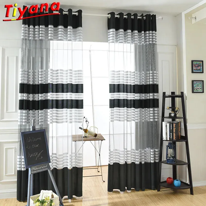 Transparenter Tüll-Vorhang mit weißen und schwarzen Streifen für Wohnzimmer, ländlicher Stil, Garn für Balkon W-ZH003#35 240113