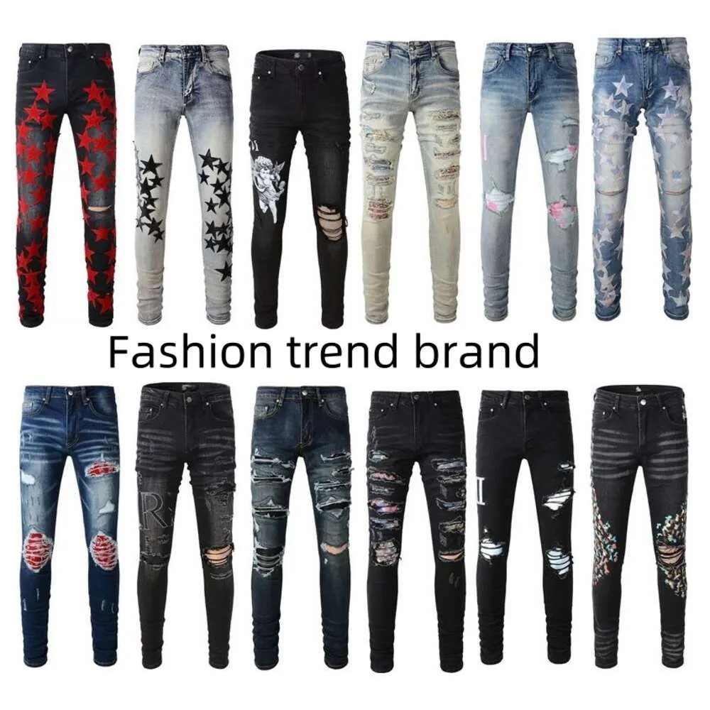 Designermarke Distress Ripped Jeans Slim Fit Denim Destroyed Denim Hip Hop Hosen für Männer Stickerei Patchwork Zerrissenes Motorrad Rissloch