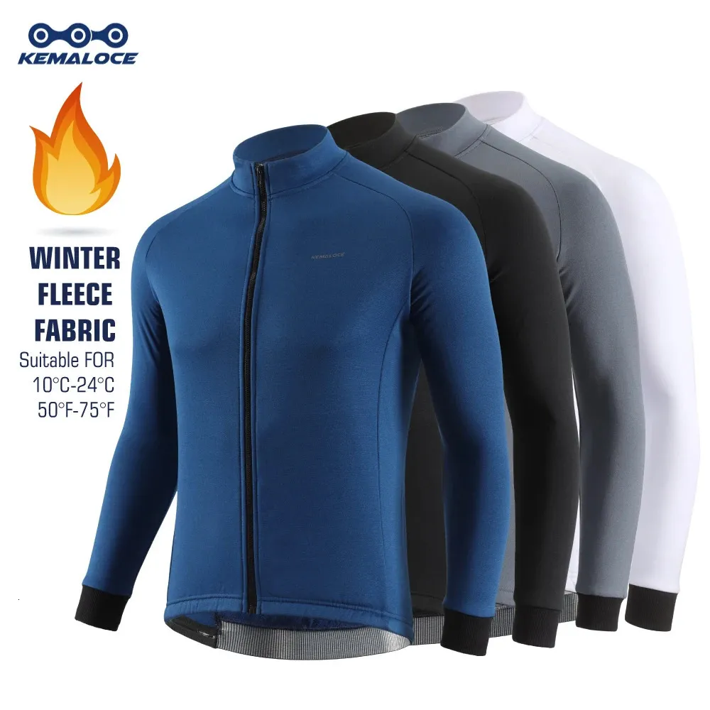 Kemaloce Spring Winter Cycling Jacket Men Fleece Long Sleeve Bike Black White Blue Gray Thermal Fabric Mtb Bicycle Jersey 240112