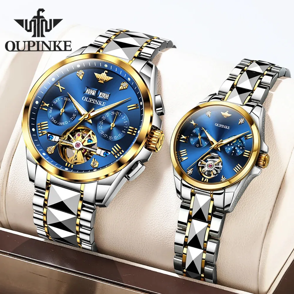 OUPINKE Orologio automatico di lusso originale per coppia 2 in set Coppia di San Valentino Uomini e donne Amanti Orologi da polso meccanici 2 pezzi Regalo 240112