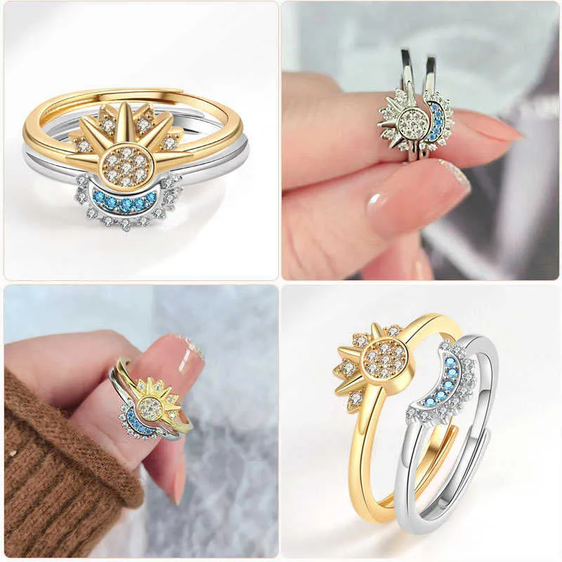 2024 Anéis de banda de designer de joias New Age Novo simples e brilhante sol azul diamante lua conjunto de duas peças com anel aberto como presente para namorada