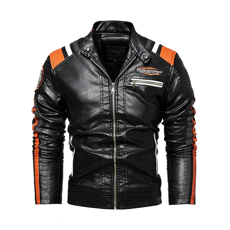 Herren Vintage Motorradjacke Männer Mode Biker Lederjacke Männliche Stickerei Bombermantel Winter Fleece Pu Mantel 240113