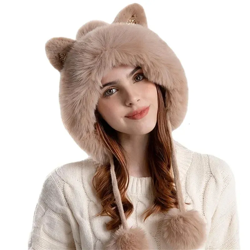 Gorros cálidos y bonitos para mujer, gorros con orejeras de dos bolas con orejas de gato de dibujos animados de invierno para mujer, gorro de punto de piel esponjoso y esponjoso para mujer 240112