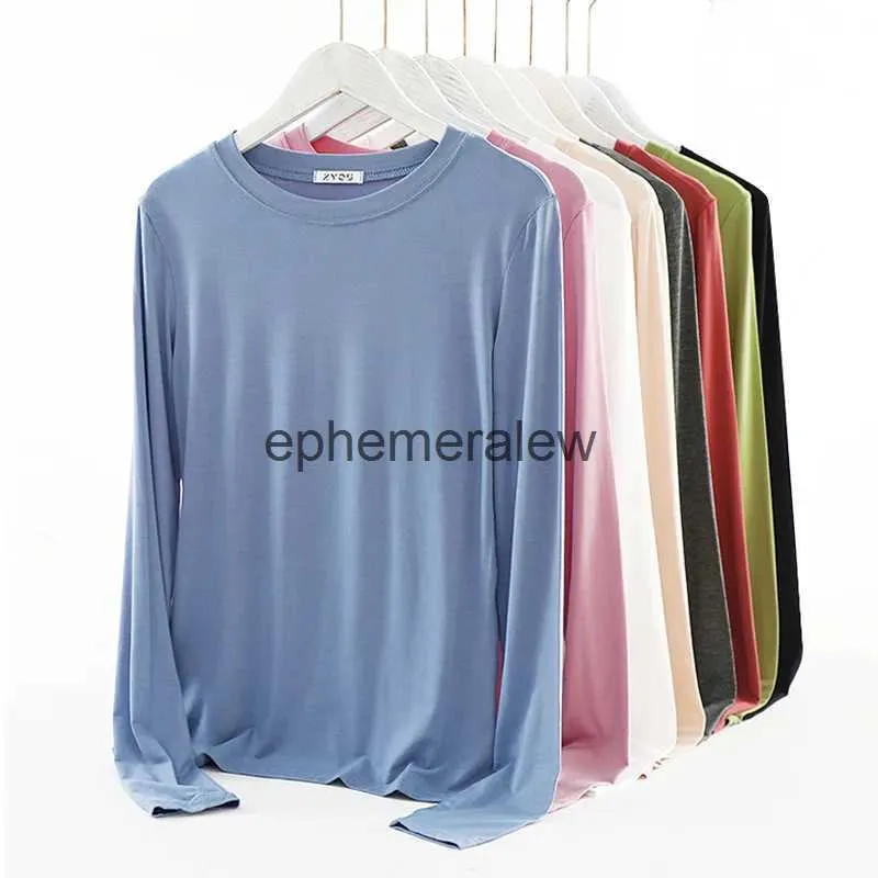 女性のTシャツモーダル長袖女性Tシャツ2022秋の丸い首のスリムトップソリッドカラープラスサイズ基本TシャツHarajuku Softephemerw
