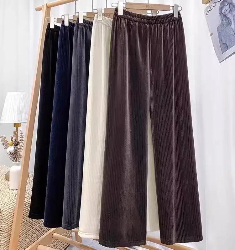 Moda Pantalones anchos de pana de cintura alta de alta calidad para mujer otoño e invierno más pantalones casuales de tubo recto sueltos de cachemira cintura elástica de talla grande