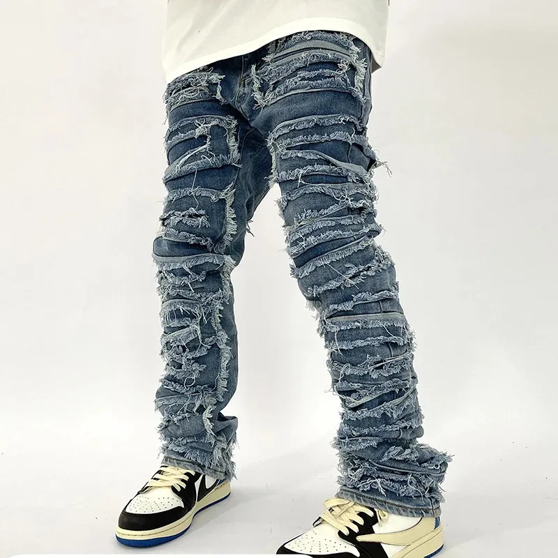Retro buraco rasgado jeans angustiados para homens em linha reta lavado harajuku hip hop solto denim calças estilo vibe casual jean calças 240112