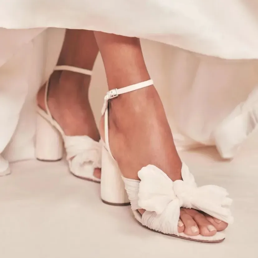 Stylish Comfortable Bow Wedding Shoes For Bride Chunky High Heel Women Sandals Summer Open Toe Flock Cloth Block Ladies Party Evening Sandal Solid Color