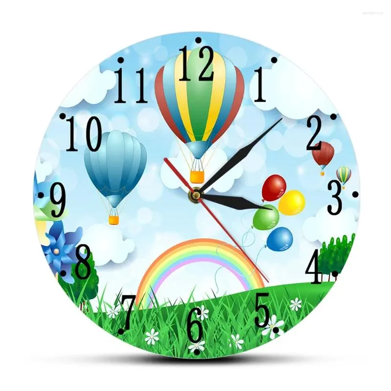 Horloges murales Ballons à air Dessin animé Design Horloge pour chambre d'enfants Silencieux Non Ticking Imprimer Montre Printemps Paysage Pépinière Art Décor