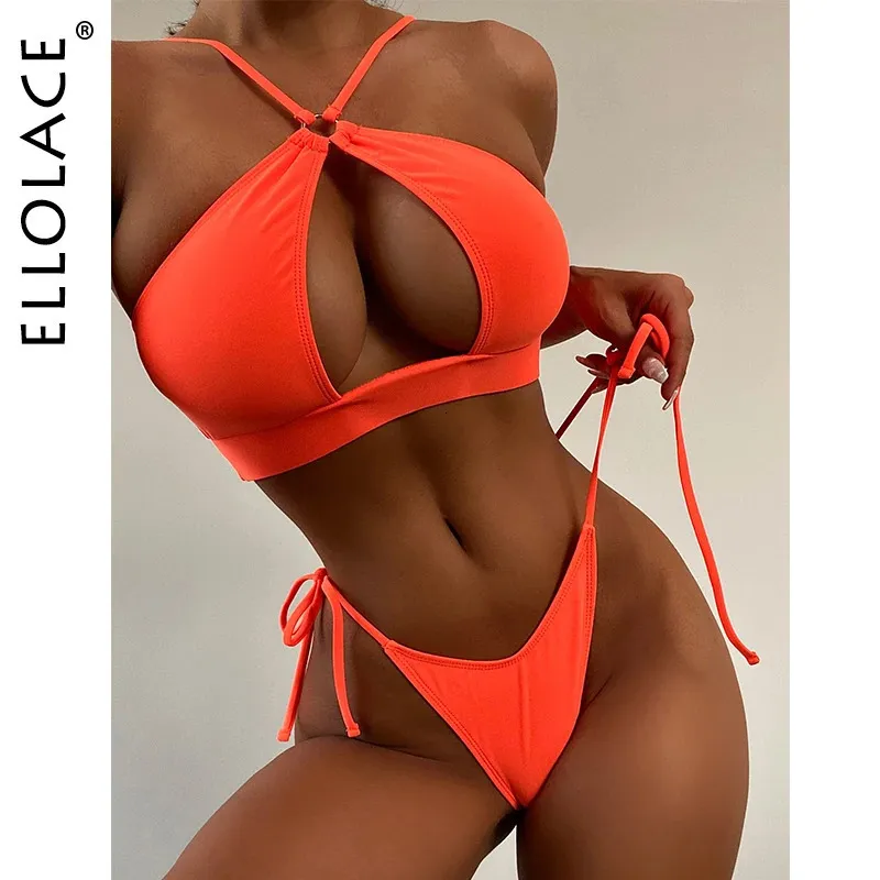 Ellolace Swimwear Women Push Up Monokini 브라질 비치웨어 패딩 중공 아웃 마이크로 비키니 낮은 허리 극단적 인 섹시 스레드 240112