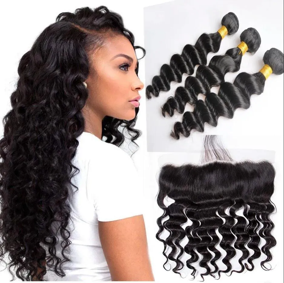 Brazilian Loose Deep Wave Human Virgin Hair 3 Bundles with 13x4 Transparent Lace Frontal Ear to Ear Full Head Natural Color