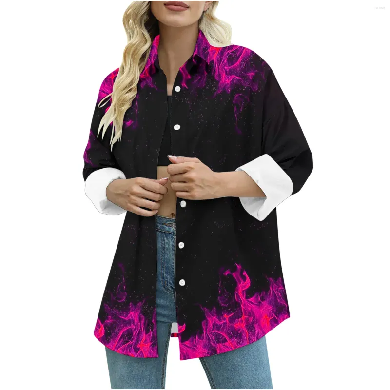 Kvinnors blusar Spring Flame Print Long Shirt Blue Women Fashion Button Sleeve Shirts For 2024 Casual 3D Tops