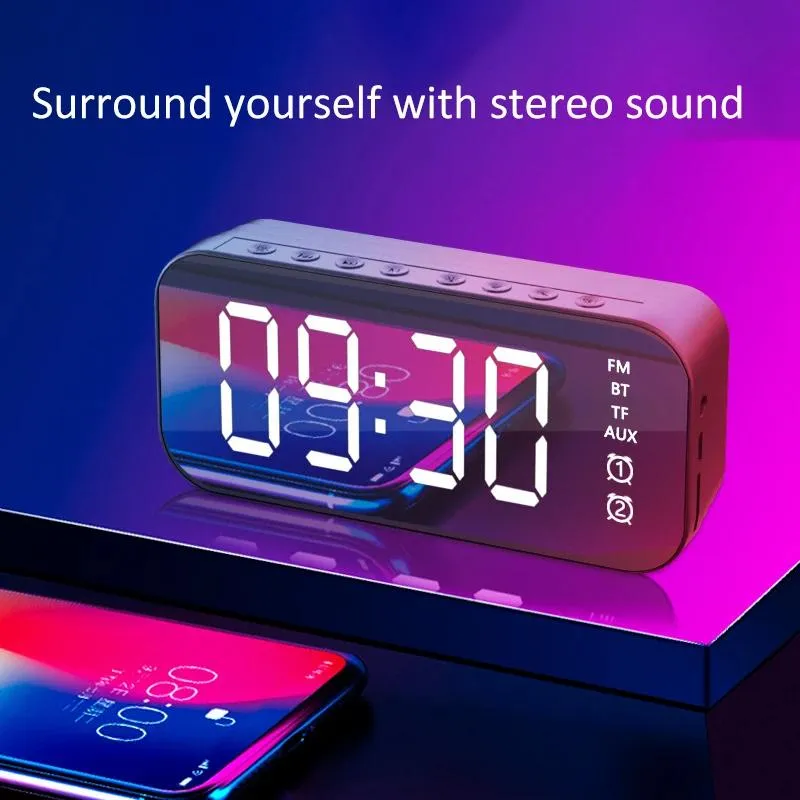 Alto-falantes sem fio bluetooth led relógio digital despertador alto-falante espelho quarto decoração de mesa tela temperatura rádio fm