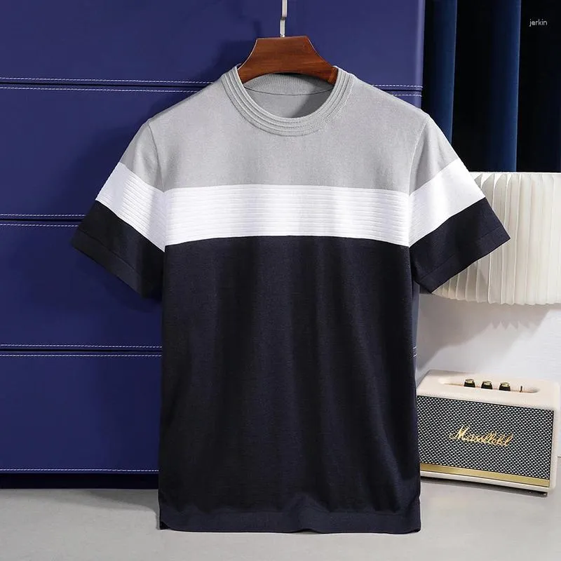 Men's T Shirts Summer Luxury Lyocell Business Fashion Round Neck Striped Design Color Matching Mulberry Silk Short-sleeved T-shirt M-4XL