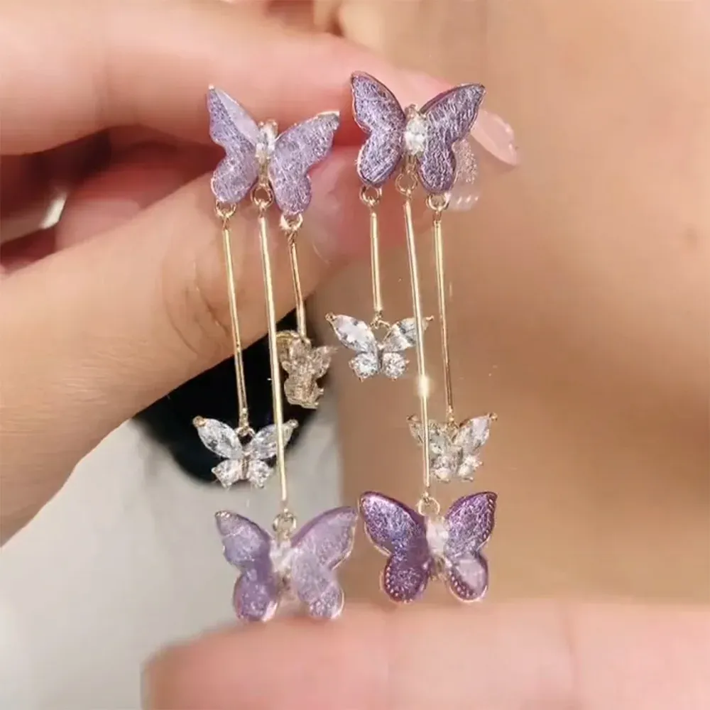 2024 New Fashion Trend Unique Design Elegant Delicate Purple Crystal Butterfly Tassel 14k Yellow Gold Earrings Women High Jewelery Wedding Gifts
