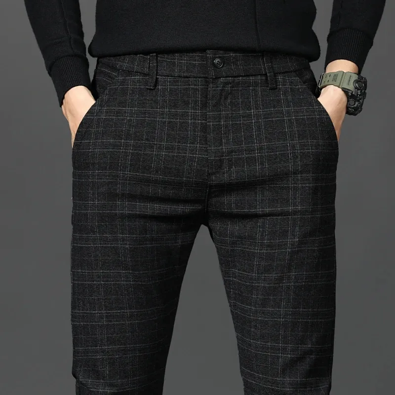 Black Pants Męskie spodnie Plaid Spring and Autumn Slim Slim Pants Men Szare Stripe Sfers 28-38 Pantalones Hombre 240112