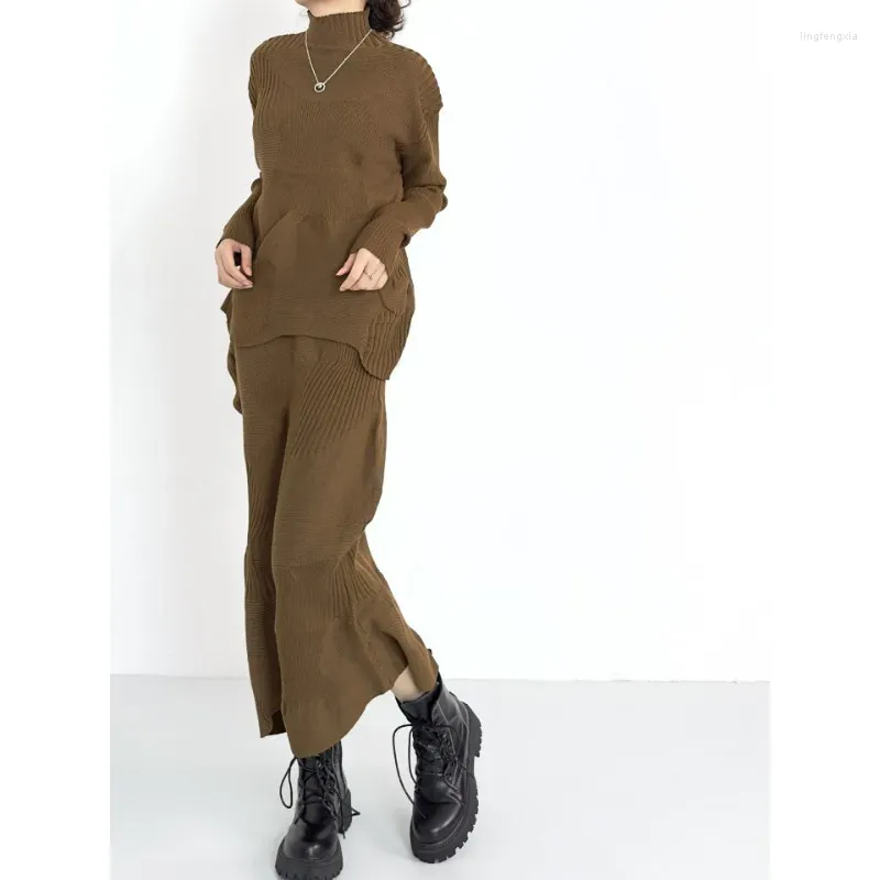 Work Dresses Miyake 2024 Spring Knitted Women's Skirt Set with 3D Design Pleated High Neck Shirt Top Fashion Waist Half