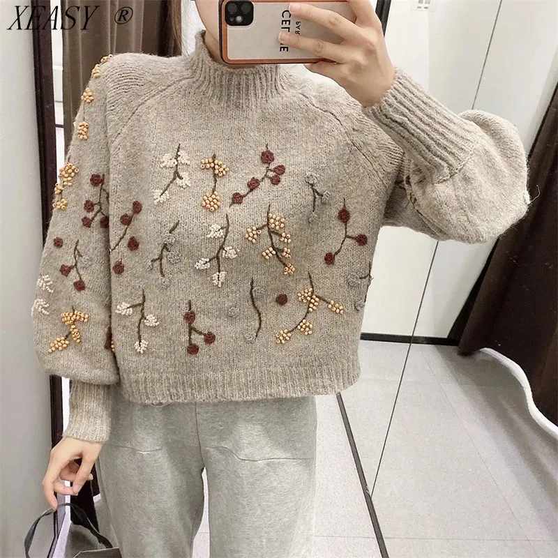 Women's Vintage Korean Long Sleeve Pullover Chic Flowers Beaded Fashion Harajuku Knitted Sweater Keeps Warm Autumn and Winter 240112