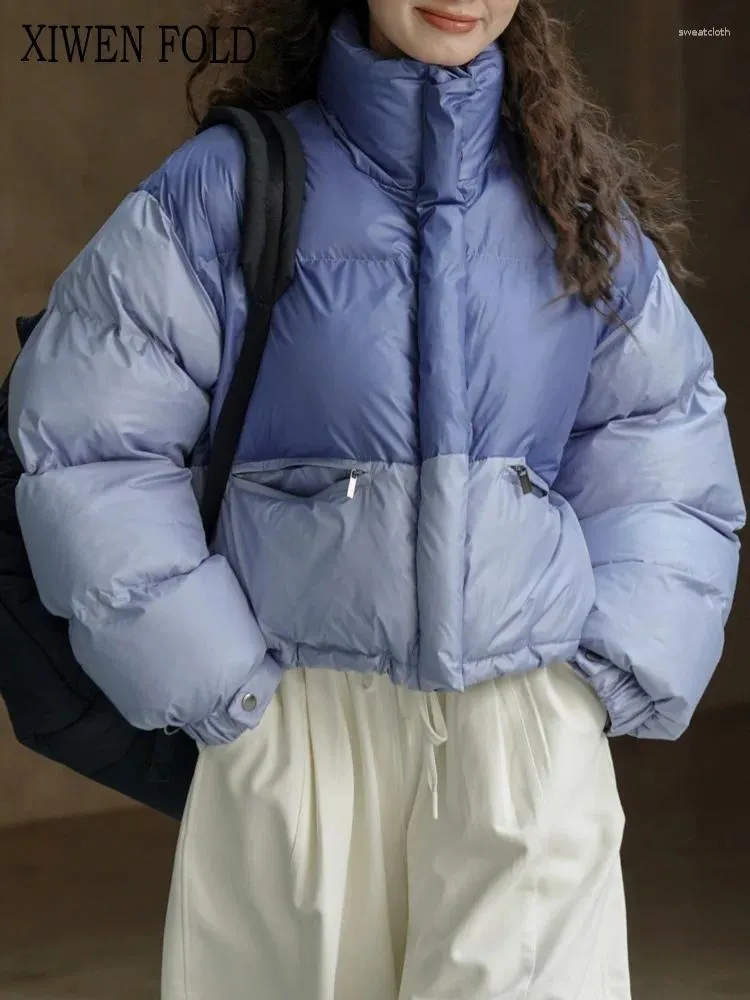 Trenchs de femmes Xiwen hiver coréen à la mode debout panneau de cou contraste pain coton lâche mince et manteau chaud pour femme XF984