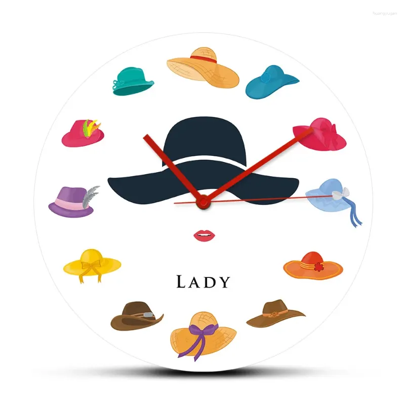 Väggklockor mode dam med olika hattar dekorativ klocka tyst non ticking klockbutik skylt anpassad företagsnamn