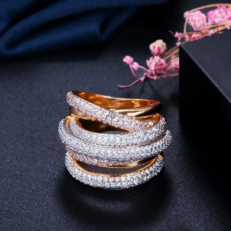 2024 Bijoux Bague de luxe Mode Ligne géométrique Cuivre Micro-incrusté Couleur Plein Zircon Designer créatif européen et américain