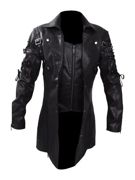 Steampunk Men's Gothic Trench Coat Leather Jacket Punk Style Biker Jacke Autumn Winter Motocycle Jacket 240113