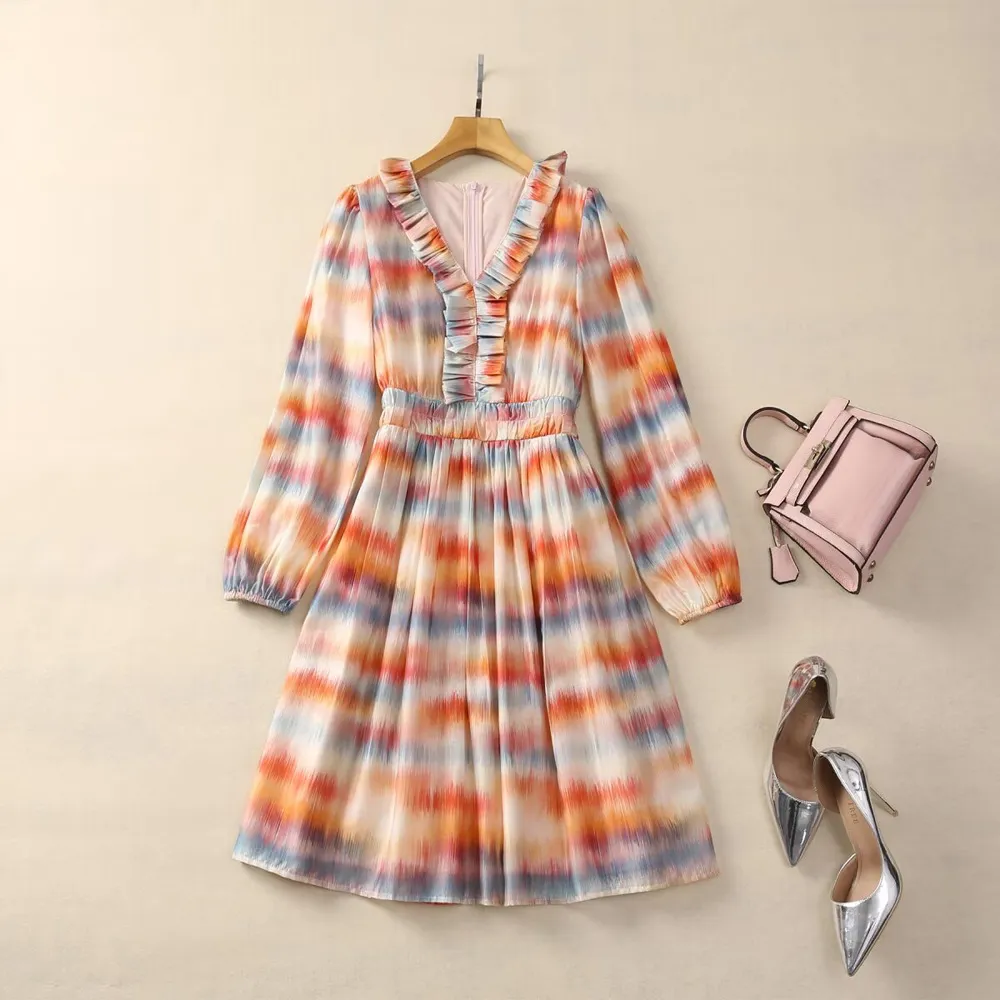 2024 Spring Multicolor Striped Print Dress Long Sleeve V-Neck Kne-Length Casual Dresses A4J09