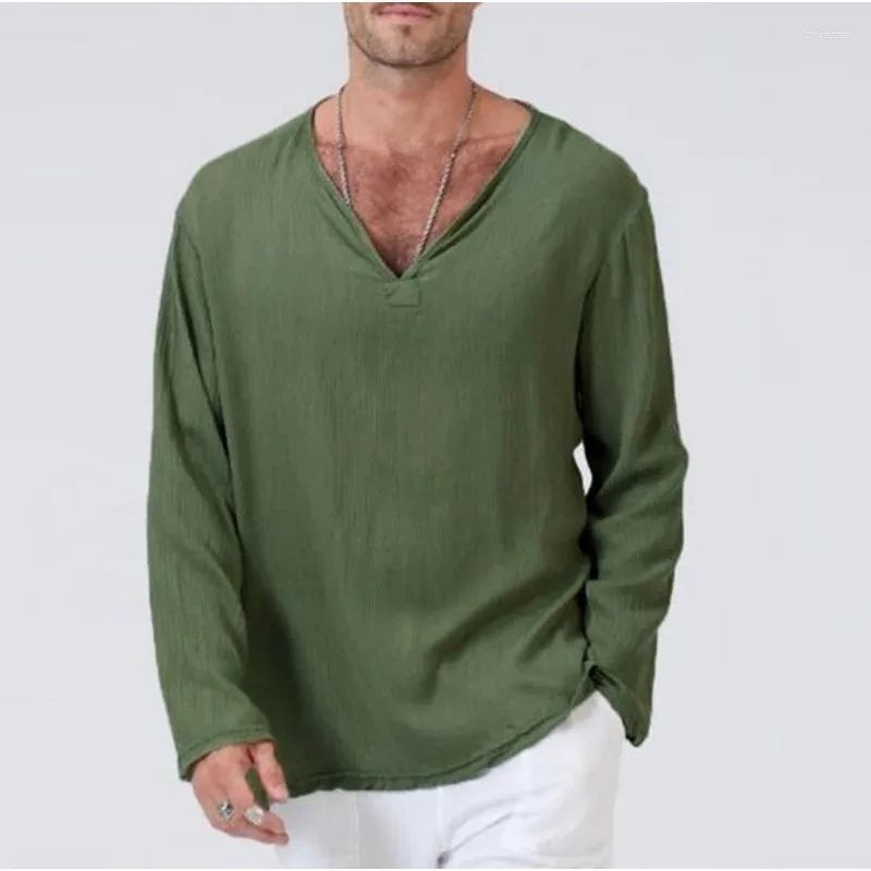 Men's T Shirts 2024 Linen Long Sleeved Solid Cotton V-neck Casual T-shirt Loose Yoga Shirt Hawaiian S-4XL